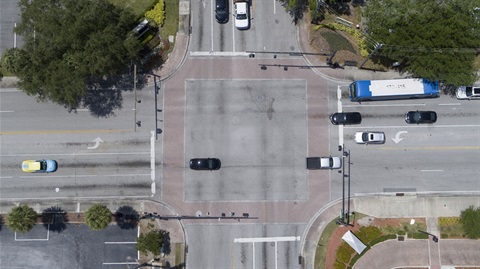 a top down aerial photo of the intersection of Oak Street and Central Avenue in the daytime 