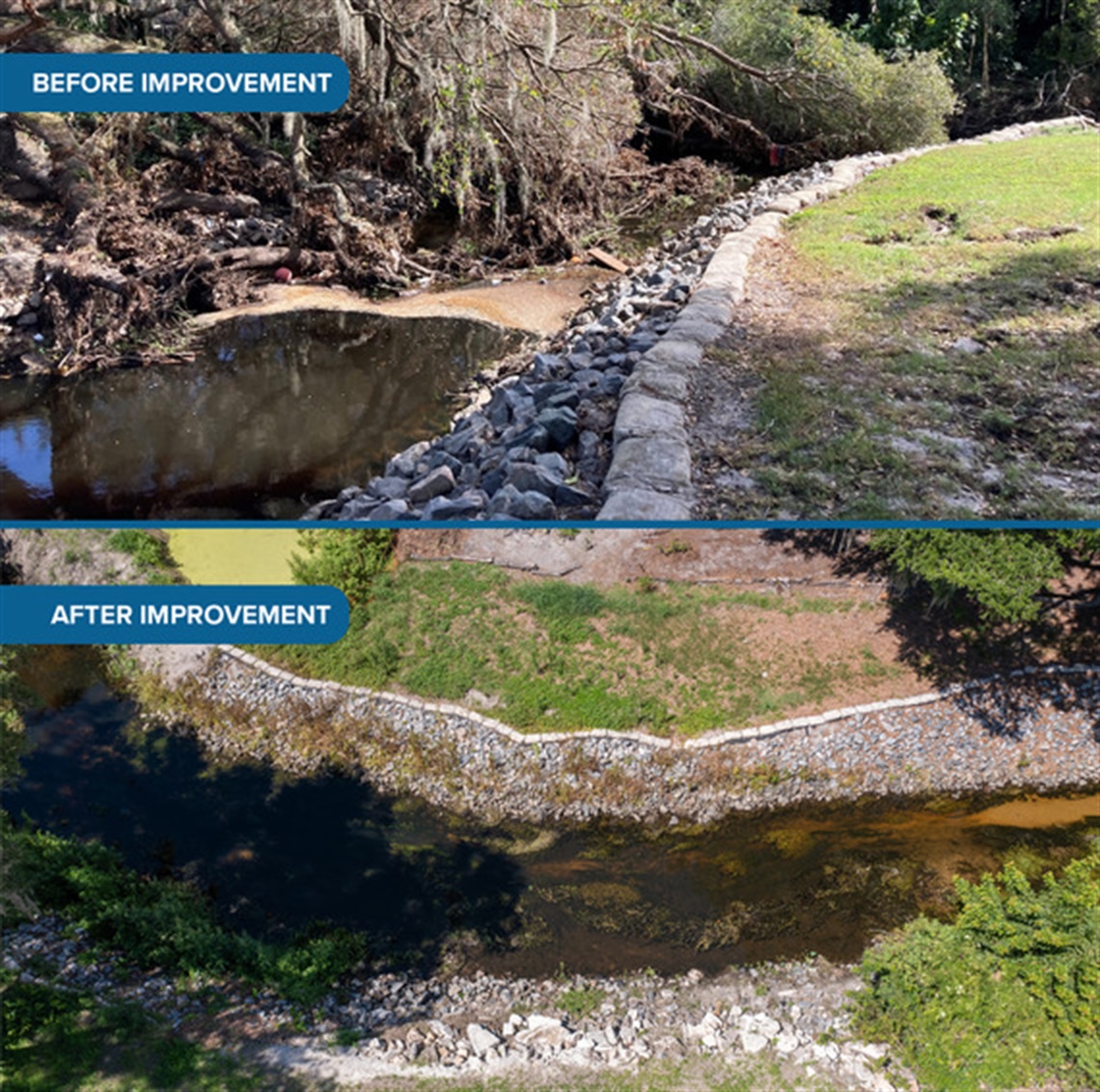 This is a before and after photo of Mill Slough Canal Debris